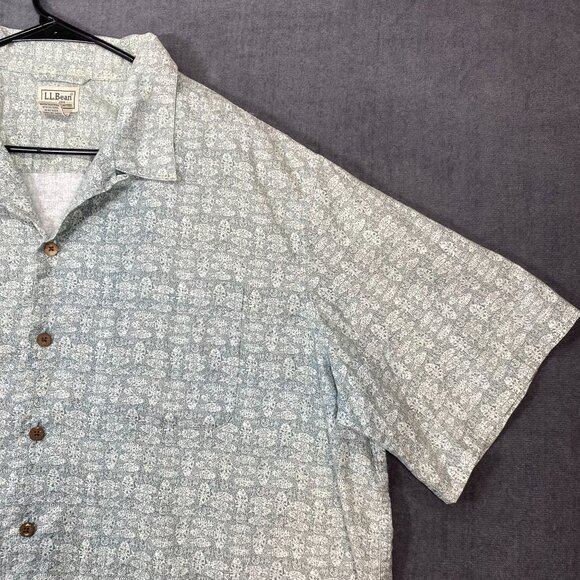 L.L. Bean Mens XL Short-Sleeve Button-Up Shirt Green Floral Print 100% Cotton - Picture 9 of 11